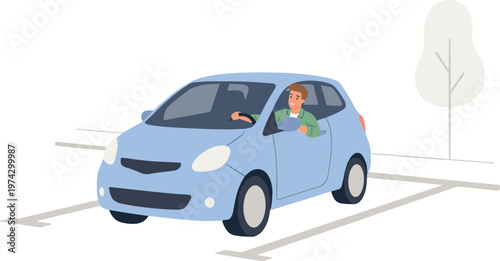 A man drives a blue car on a road with a tree nearby.