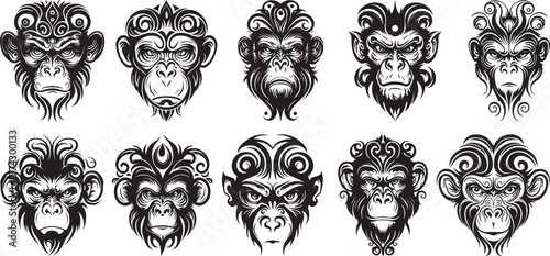 Ten expressive monkey and ape face portraits in tribal black and white line art style for mascot design.