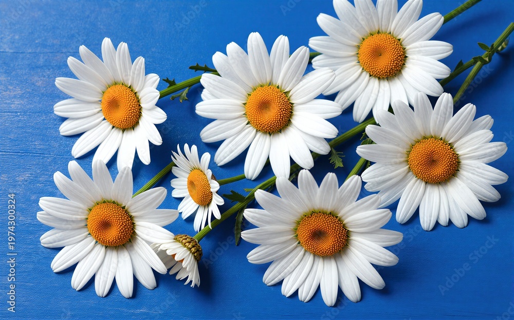 Fototapeta premium White daisies with yellow centers scattered on a vibrant blue