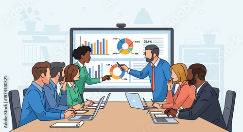 Diverse team in meeting analyzing charts on screen, business presentation, strategy discussion