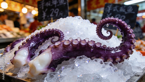 Close-up of raw purple octopus tentacles resting on crushed ice at a bustling Asian seafood market. Fresh exotic marine catch ready for cooking.