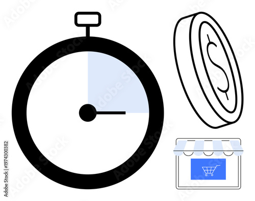 Time management, online shopping, financial planning, e-commerce, budget tracking, retail operations. Minimalist stopwatch, coin and storefront icons. Time management and online shopping concept
