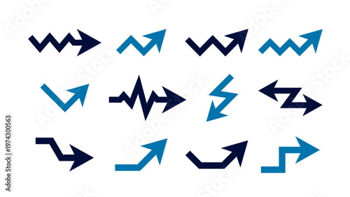 様々な種類の角ばった矢印の装飾イラストセット　ジグザグ　ギザギザ　方向　進行