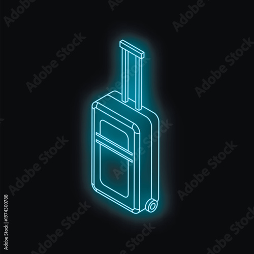 Glowing neon blue suitcase on dark background symbolizing travel, tourism and vacation