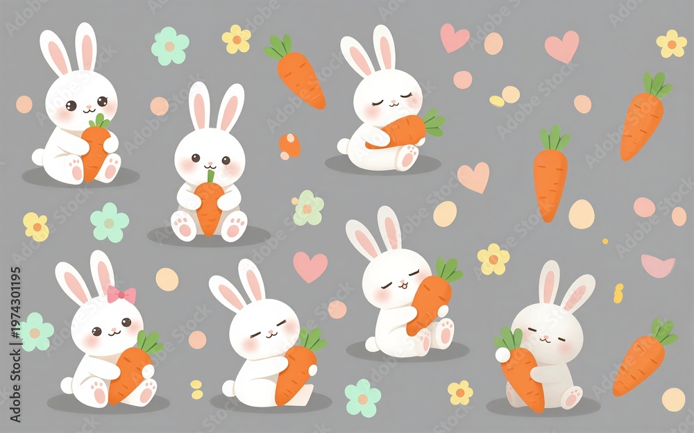 Fototapeta premium Cute white bunnies holding carrots surrounded by flowers and hearts.
