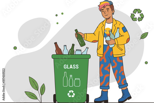 Man collecting glass bottles in a recycling bin on a sunny day outdoors.