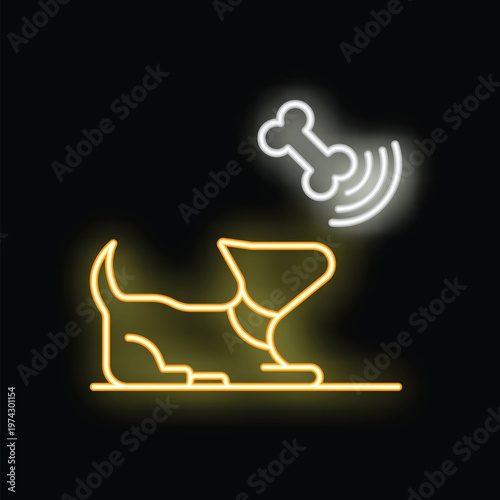 Neon sign of a dog smelling a bone, perfect for a pet shop logo or for any animal related business