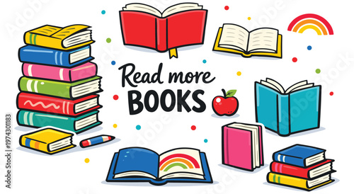 Educational design features an open book with a red cover, a tall stack of books, and other individual books with a vibrant apple and colorful dots,