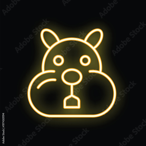 Neon hamster face glowing in yellow on black background, perfect for animal, pet shop and nocturnal concepts