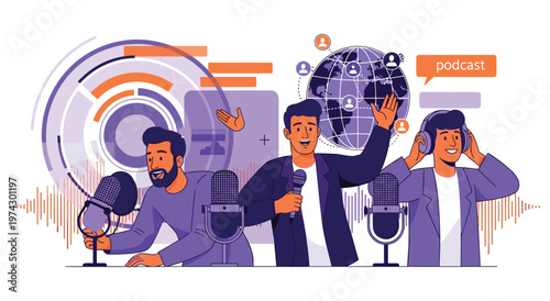 Illustration of a podcast studio featuring three men speaking into microphones. Broadcasting, interview, discussion, global communication, modern technology, lively atmosphere.