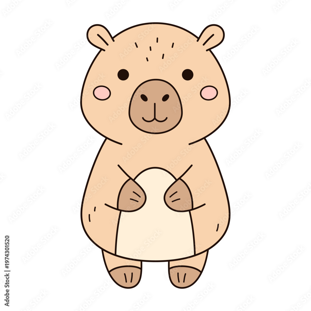 Fototapeta premium Kawaii capybara clipart, isolated cartoon character on white background. Funny rodent illustration, Hand drawn baby animal design