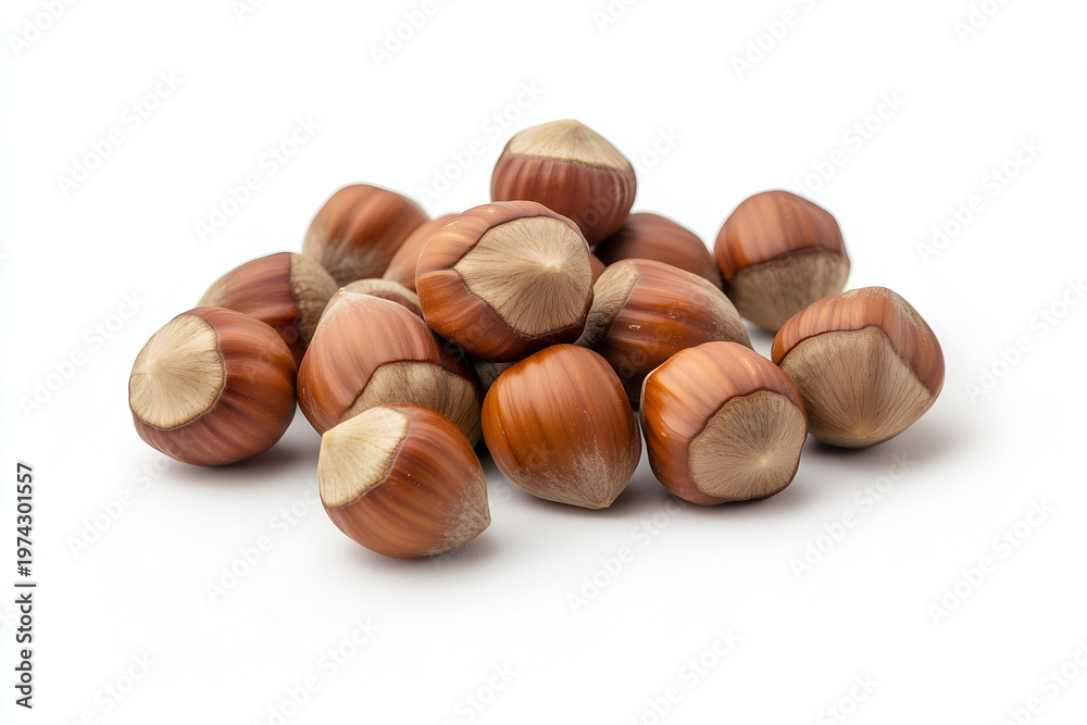 Obraz premium Pile of whole raw hazelnuts in shells isolated on white background