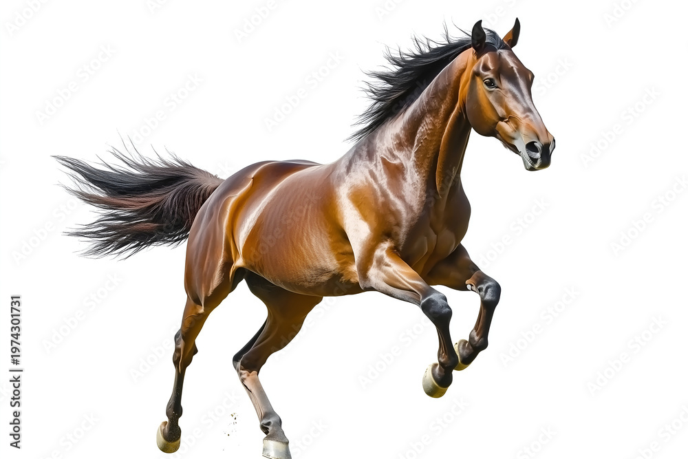 Fototapeta premium Beautiful brown horse galloping fast isolated on a white background