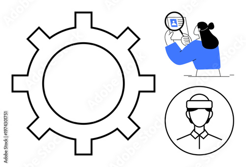 Technology concept. Technology ed with a gear icon, data analysis, and a profile symbol. Technology in automation, AI, data processing, innovation, and system integration