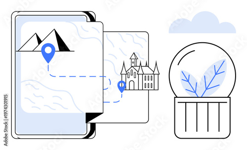 Travel, tourism, digital navigation, eco-friendly design, smart explorations, route planning. A map leading to a landmark and a glass dome with a plant. Travel and eco-friendly design concept