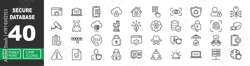 Secure Database and Cyber Infrastructure Protection. Includes Cloud Server Security, Database Shield, Biometric Facial Recognition, Digital Encryption Key, System Surveillance. Editable stroke