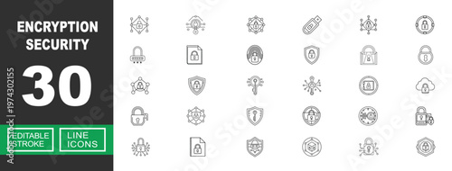 Advanced Encryption Security and Data Privacy. Includes Blockchain Cryptography, Secure Cloud Access, Biometric Identification, Encrypted Data Transfer, Hardware Security Module. Editable stroke line 