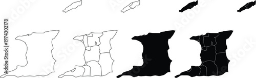 Set of trinidad and tobago map outlines with administrative divisions in black and white