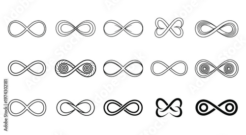 Collection of various mathematical infinity signs and loops. different stroke weights and decorative tribal styles. minimalist vector graphic elements for logo branding or tattoo concepts.