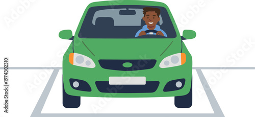 A man drives a green car into a parking spot outdoors.