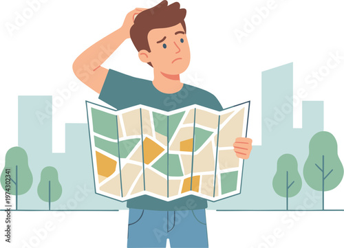 Man looks confused while holding a map in the city outdoors