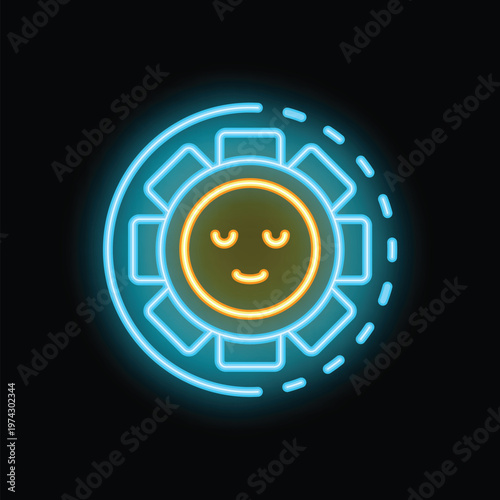 Neon sign representing a sun shining with closed eyes and a smiling mouth, evoking happiness and serenity