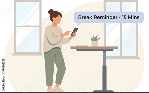 Woman standing by table checking phone with break reminder on screen indoors