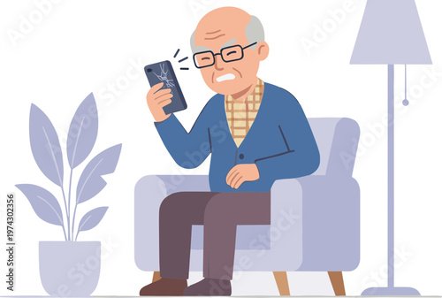 An elderly man sits in a chair checking his phone at home.