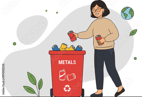 Woman recycling metal cans in a sustainable environment with eco-friendly actions