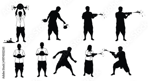 Collection of vector silhouettes portraying people engaged in water splashing activities. Festive fun, traditional celebration, dynamic poses, joyous moments captured.