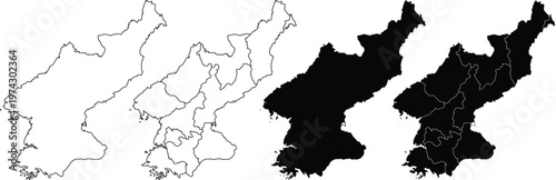 North korea map outline and silhouette set with provincial administrative borders black white