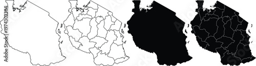 Four variations of tanzania map outlines with and without internal regional borders