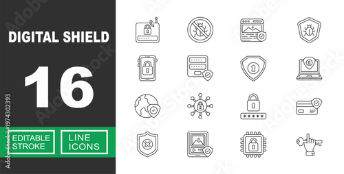 Digital Shield and Advanced Cyber Security. Includes Encrypted Microchip, Antivirus Protection, Secure Login Portal, Global Data Privacy, Digital Key Access. Editable stroke line icons.