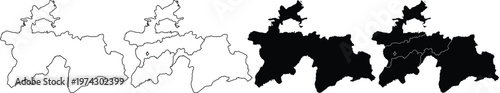 Four variations of tajikistan map outlines and silhouettes with internal regional borders