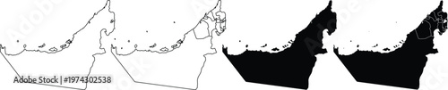 Four variations of the united arab emirates map outline in black and white style