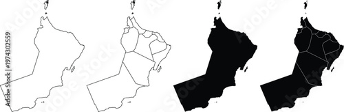 Set of four oman country map silhouettes with and without internal administrative borders