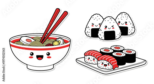 Kawaii Japanese Food Stickers Set Featuring Smiling Ramen Bowl, Cute Onigiri Rice Balls, and Happy Sushi on a Plate