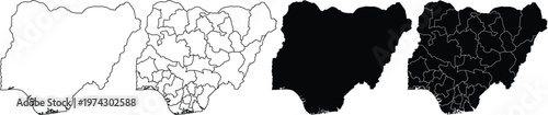 Four variations of nigeria map silhouettes with and without state borders in black and white