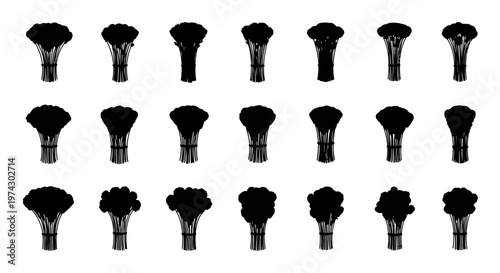 Black broccoli silhouettes arranged in rows on white background vegetable icons