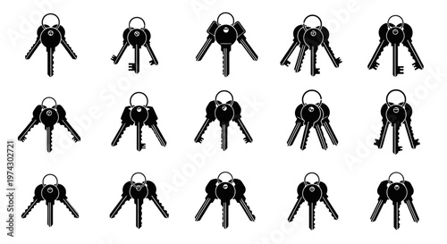 Multiple sets of assorted black house keys on keychains arranged in rows on a plain white background for organization and security concepts