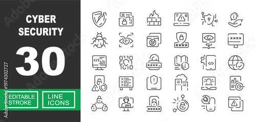 Cyber Security and Advanced Threat Protection. Includes Network Firewall, Retina Scan Biometrics, Malware Bug Detection, Secure Password Access, Encrypted Data Shield. Editable stroke line icons.