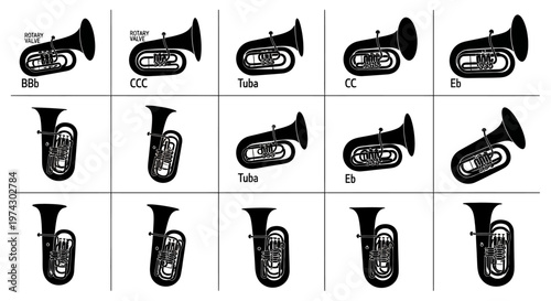 Tuba instrument family illustrations in various keys and positions on white background for music education