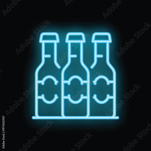 Blue neon sign of three beer bottles is glowing on a wall