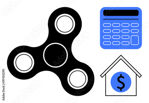Finance, budgeting, stress management, relaxation tools, real estate, savings. Black fidget spinner, blue calculator and house icon with dollar sign. Financial planning and stress management concept