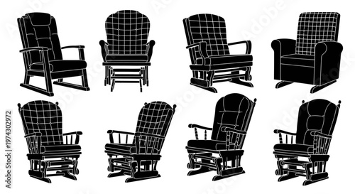 Eight black rocking chair silhouettes with plaid patterns on white background furniture illustrations