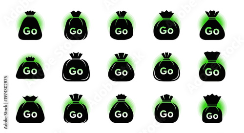 Collection of black money bags with green glow and 'go' text on white background