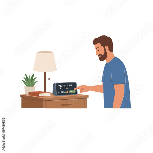 Man turning off alarm clock on bedside table in morning