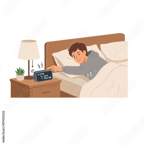 Man wakes up to alarm clock on nightstand beside bed in bedroom