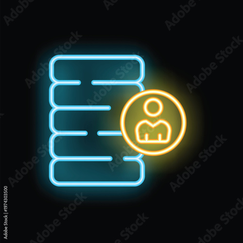 Glowing neon icon of a server room showing user profile accessing data