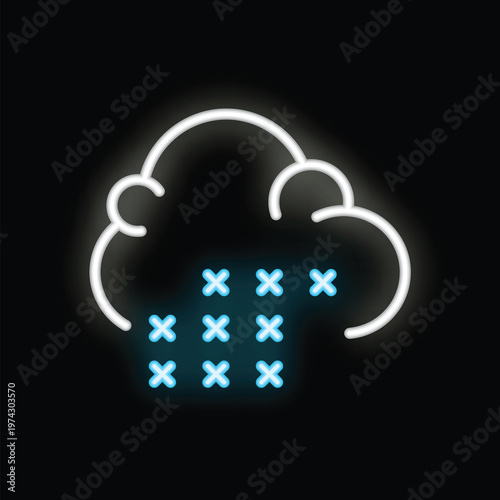 Bright neon icon of a cloud making snowing on black background representing winter time